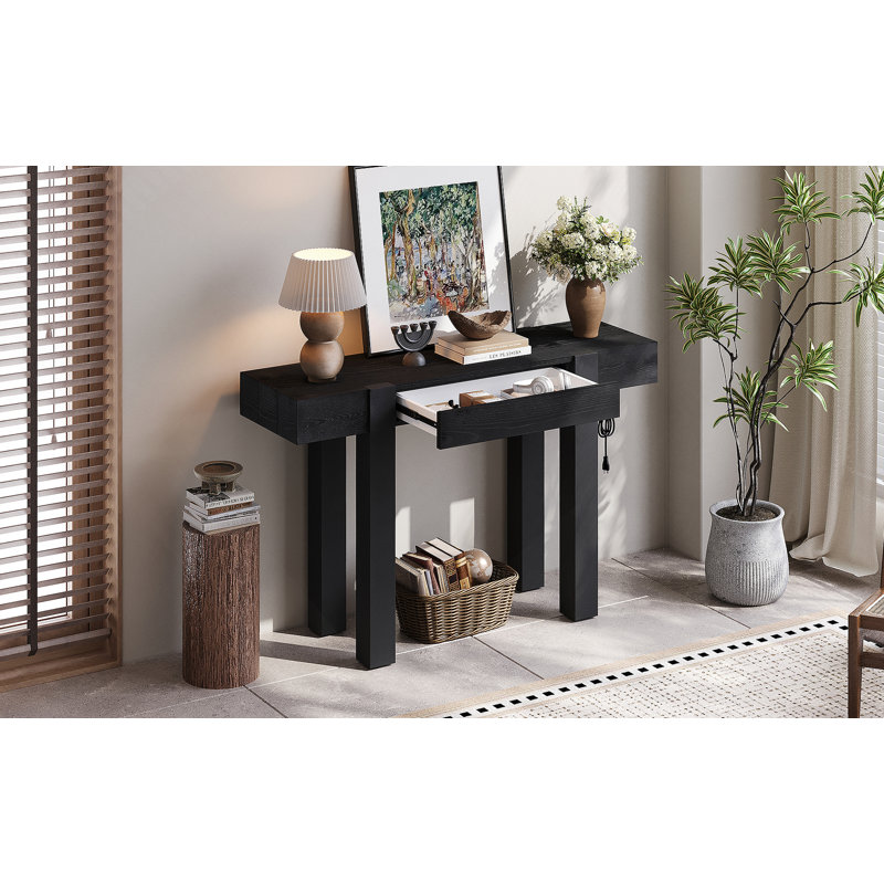 Minimalist Solid Wood Console Table with Hidden Storage Drawer and Integrated Charging Station, Black