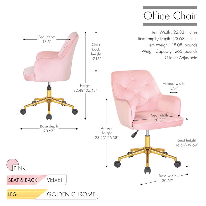 Chaise de bureau en velours Samatha, Velours rose