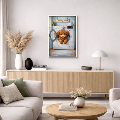 Cute Highland Cow Laundry Machine Artwork, Laundry Room Pictures, Framed Canvas Giclee Print Wall Art