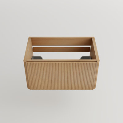 Meuble-lavabo mural flottant en chêne naturel rayé pour un décor moderne, tiroir ouvert et compartiments de rangement spacieux, 28,66 po de profondeur avec grands espaces, hauteur 14,93 po
