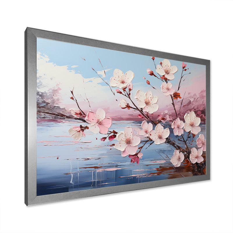 Fleur de pommier I sur toile, Cadre simple argenté, H 34 po x l 44 po x P 1,5 po
