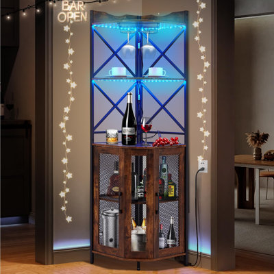 Industrial Corner Bar Cabinet with Power Outlet & LED Lights - 5-Tier Modern Black Wine Rack, for Dining Room, Living Room, Kitchen, Black by Wrought Studio