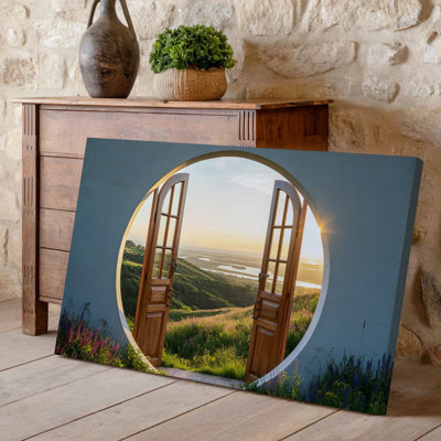 Canvas A Pair Of Elegantly Designed Wooden Doors Standing Wide Open Wall Art Framed By A Smooth Circular Archway Revealing A Canvas Wall Art