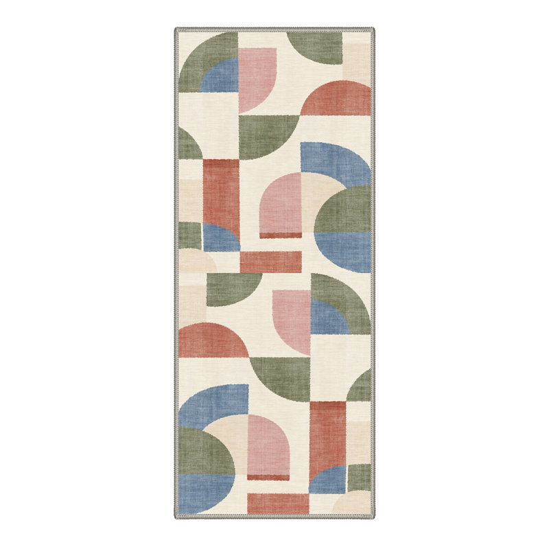 Vintage Geometric Machine Washable Runner Rug, Green Beige Multicolor Non-Slip Hallway Runner for Entryway Kitchen