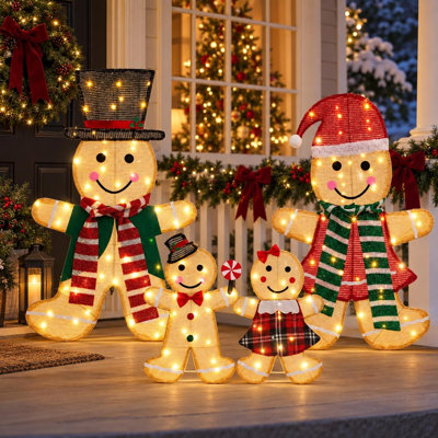 Ensemble de décoration de jardin de Noël en pain d'épice 4 pièces avec lumières DEL et 8 modes, connectable