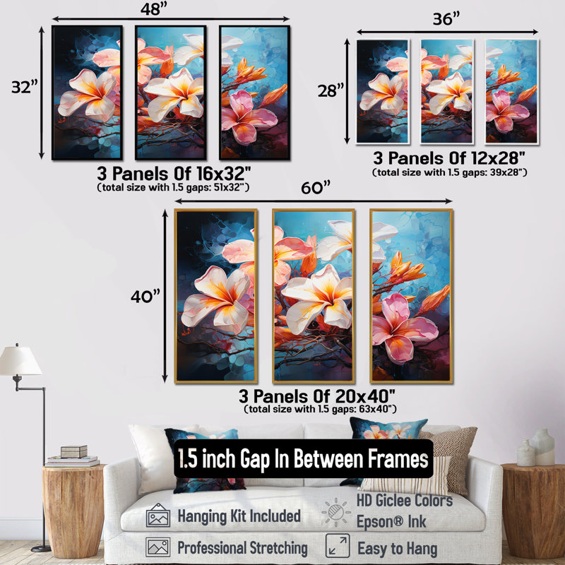 Whisper Plumeria Blossoms Come Alive - ensemble d'art mural Plumeria, Cadre flottant doré, H 40 po x l 60 po x P 1 po
