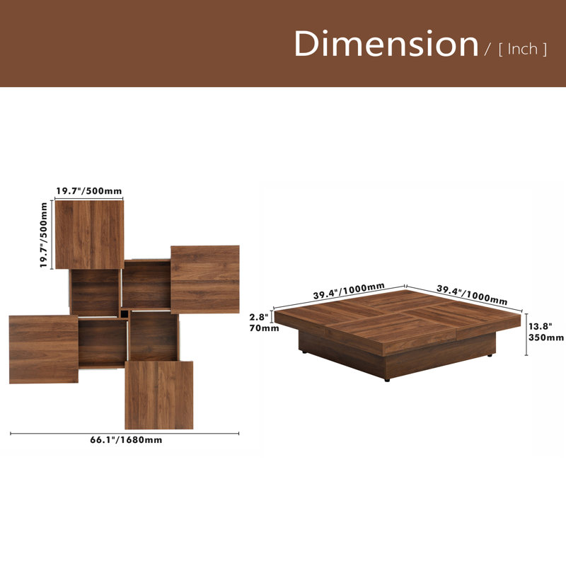 Table basse carrée en placage à plateau coulissant avec rangement en grain de bois 39,4 po, Walnut