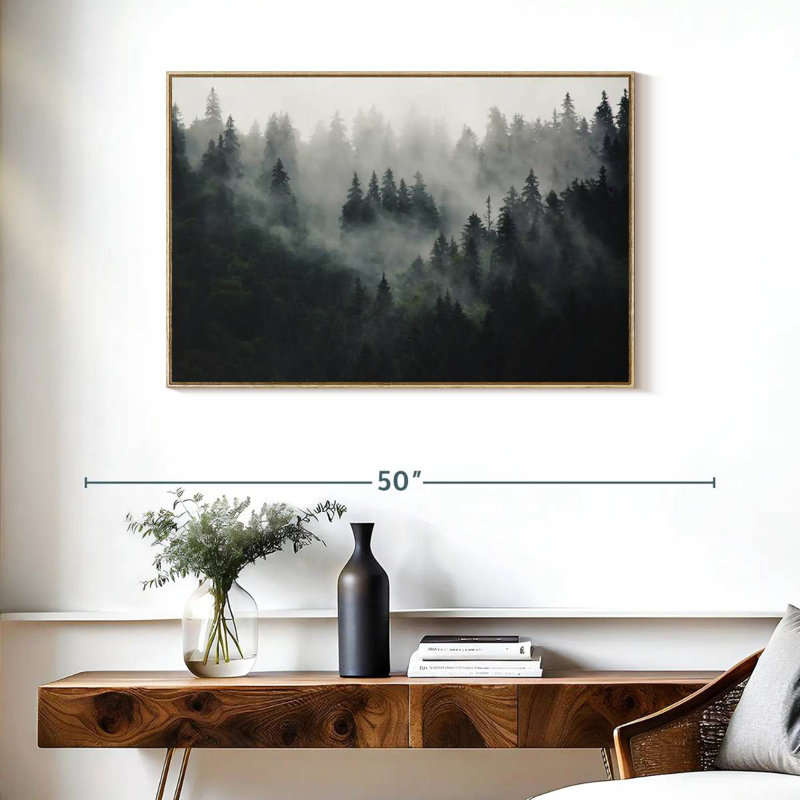 Misty Forest Mountain, Cadre flottant en bois naturel, 37 po x 25 po