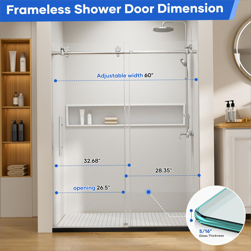 Porte de douche coulissante simple sans cadre avec quincaillerie en acier inoxydable