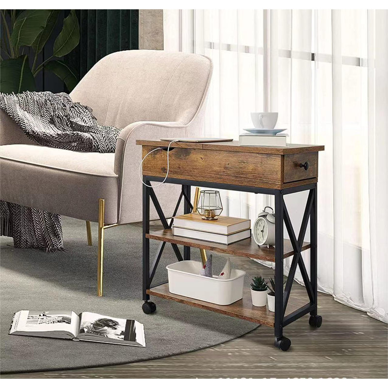 Southview End Table with Charging Station Flip Top Side Table with Storage Shelf, Brown