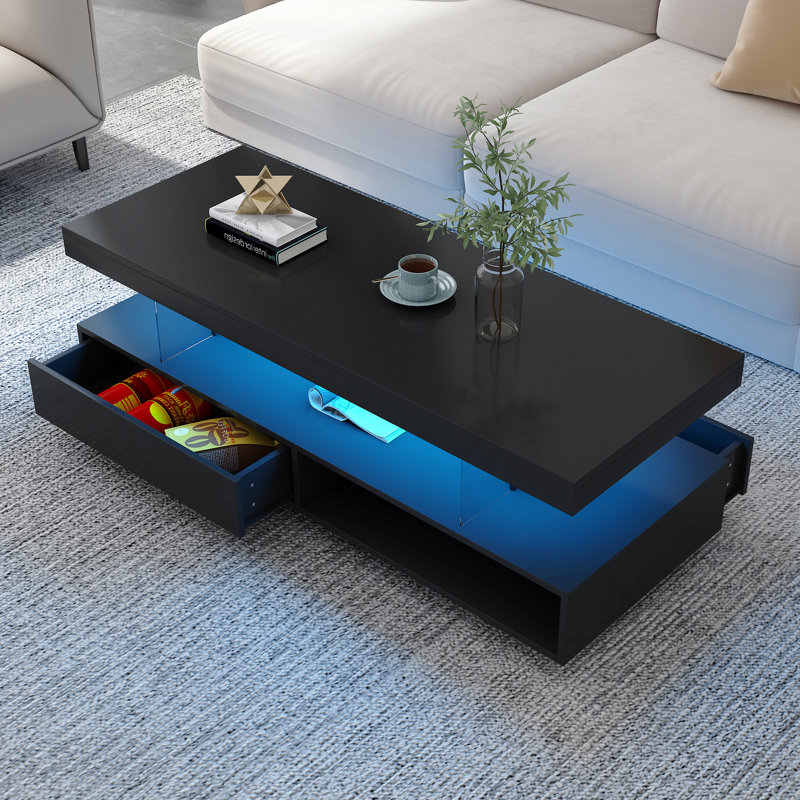 Table basse moderne à DEL avec 2 tiroirs et tablettes, Noir