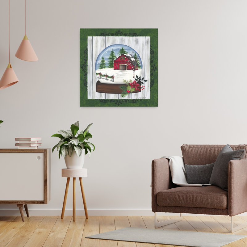 Boule de neige grange, paysage abstrait, art contemporain hivernal, H 24 po x l 24 po