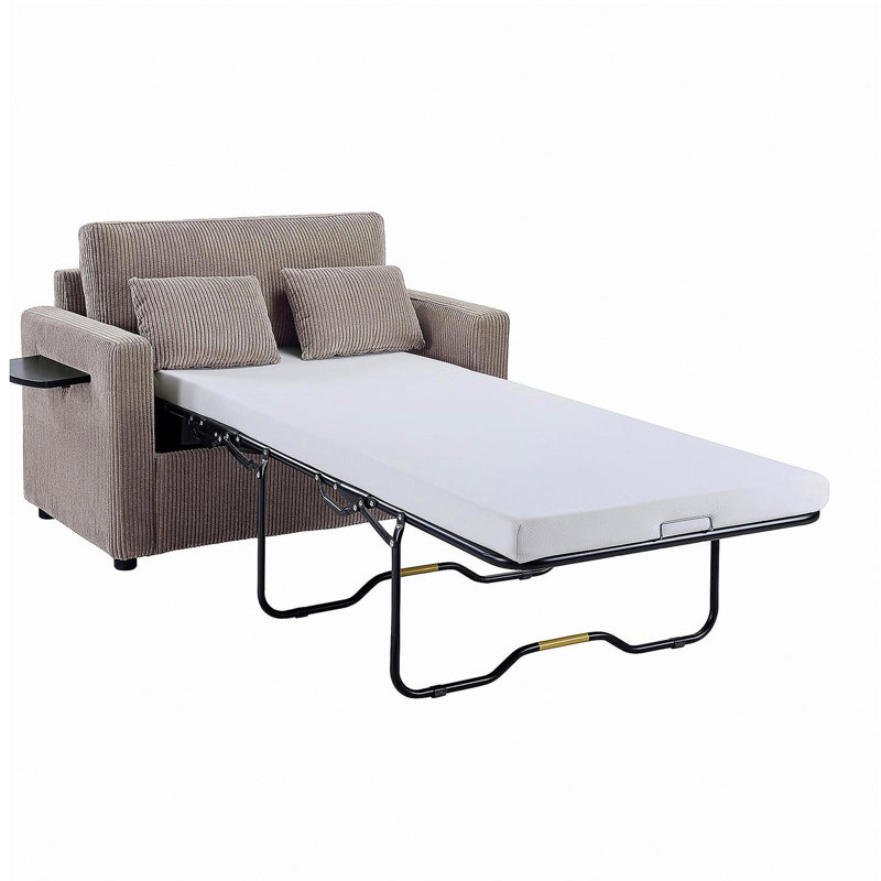 Canapé-lit simple 47,2 po Canapé-lit avec matelas pliable, table d'appoint pliable, pochette de rangement latérale et deux ports USB pour le salon, gris-brun