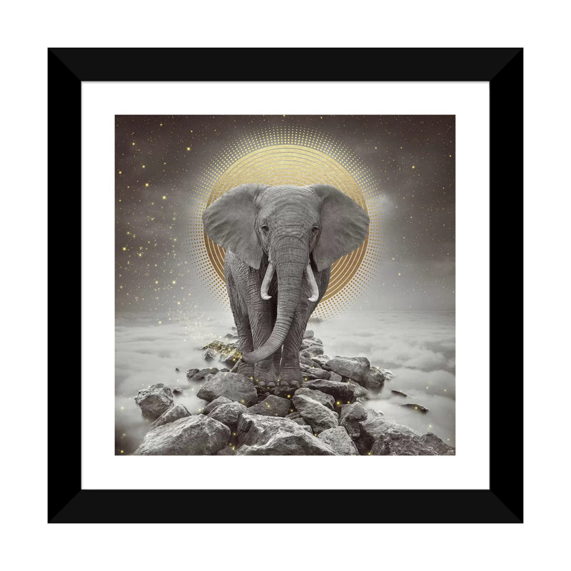 «Elephant - on Rocks Stay Gold» par Soaring Anchor Designs - impression d'art graphique, Papier encadré noir, Blanc