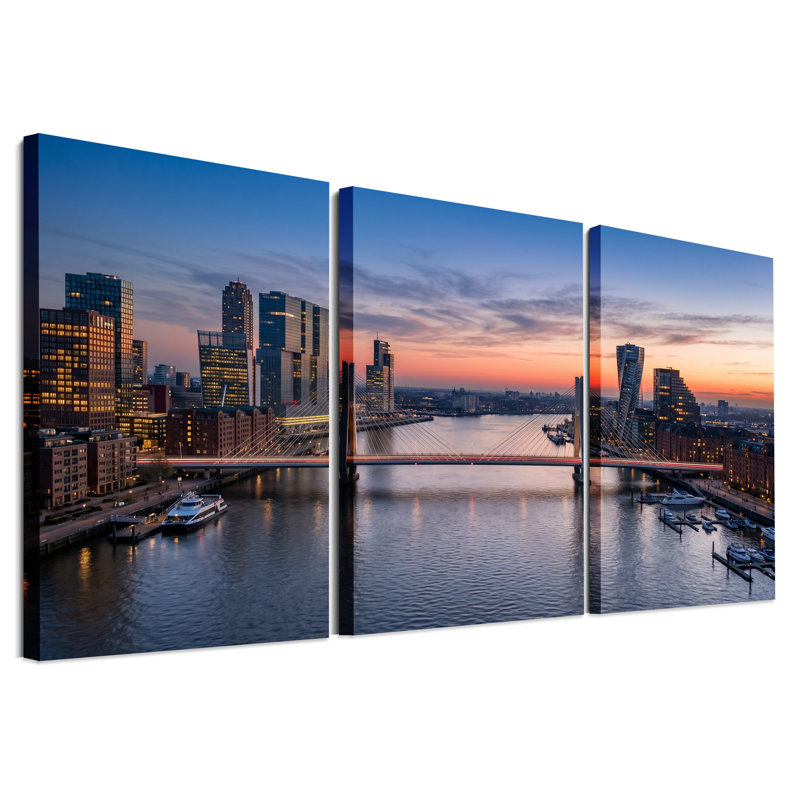 Ensemble de 3 toiles modernes pont au crépuscule avec toits de la ville, 30"H x 20"W x 3pcs
