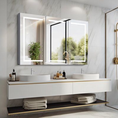 60 X 36 Inch Led Lighted Bathroom Medicine Cabinet With Mirror, Sockets And Adjustable Glass Shelves, Dimmable, Anti-Fog