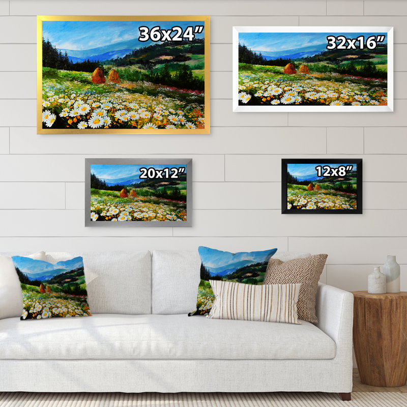 «Field Of Camomile Sunny Flowers», reproduction sur toile encadrée, H 24 po x l 36 po x P 1 po