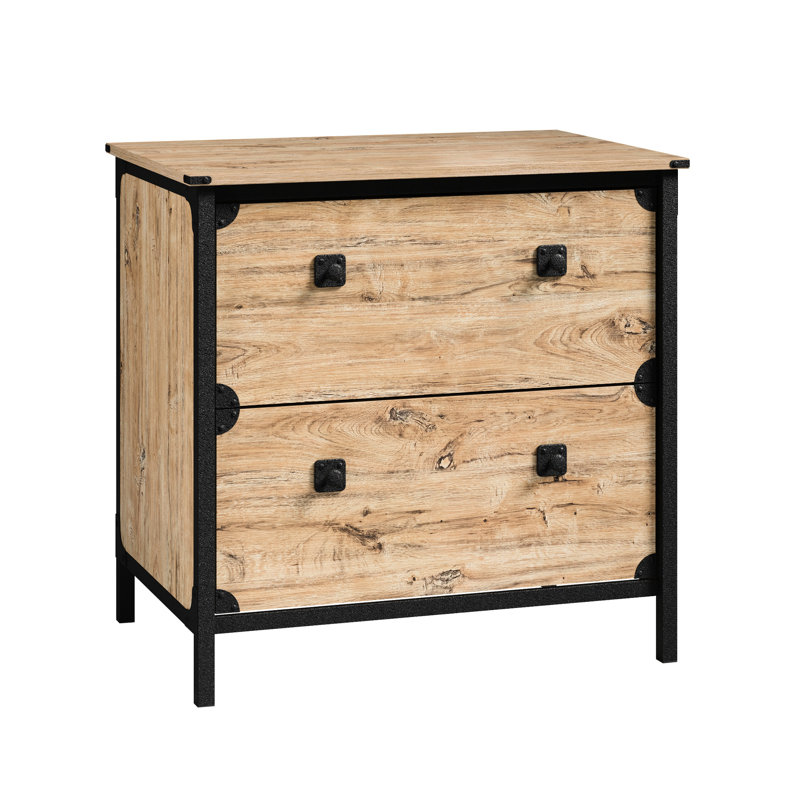 Classeur latéral beige et naturel récupéré pour l'espace de vie, design industriel rustique, deux tiroirs de rangement à extension complète, entrées appropriées, finition brune pour compléter le style de décor, cadre en métal,