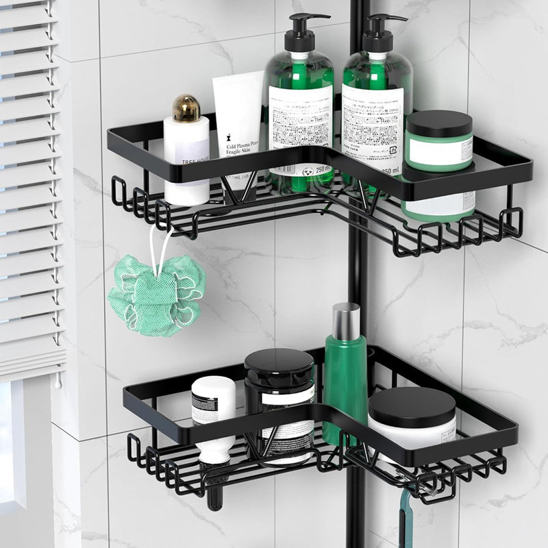 4-Tier Corner Shower Caddy Tension Pole, Rustproof Stainless Steel Adjustable Bathroom Organizer Shelves, Black