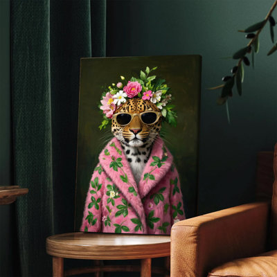 1PC Wall Arts Posters Framed,  Leopard in Floral Crown and Pink Robe with Sunglasses Canvas Wall Art Modern Animal Portrait Print for Living Room Bedroom Home Decor Unique Gift Idea for Animal Lovers Trendy Boho Chic Decorations