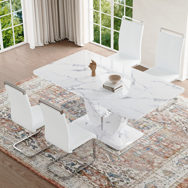 Dining Table Set, Black/Silver, White Marble, 7 pieces