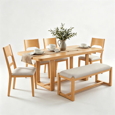 6-Piece Solid Wood Dining Table Set, Extendable Rectangular Dining Room Set with 4 Padded Chairs & Bench, 60"–84" Expandable Tabletop