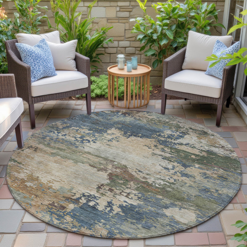 Machine Washable Indoor/Outdoor Xhevrie Blue Rug, Round 8'