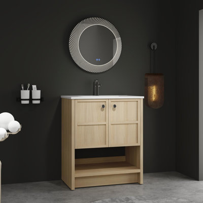 Meuble-lavabo de 76 cm (30 po), contreplaqué de chêne, céramique - Meuble-lavabo autoportant en contreplaqué avec lavabo et grand espace de rangement
