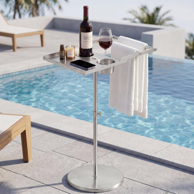Outdoor Pool Towel Rack Hot Tub Side Table with Drink Holders Storage Tray 360° Swivel, Adjustable Height, Freestanding, 304 Stainless Steel with Weighted Base, for Pool Bathroom Patio