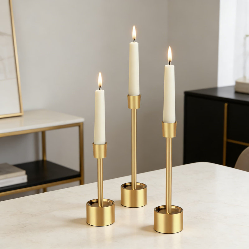 Stainless Steel Taper Candle Holders Set Of 3, Heavy Duty Solid Metal Candlesticks With Drip Collar For Wedding Centerpieces, Dining Table, Mantel, Fireplace And Farmhouse Decor