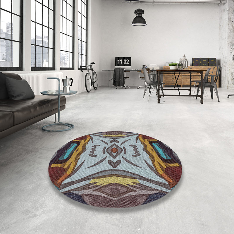 Tapis à motifs bleu / rouge / jaune, Rond 4 pi