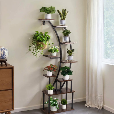 Support pour plante d'intérieur 63 pouces de haut à 9 lumières avec 3 lumières de spectre, minuterie et 10 lumières, support de coin en métal pour le balcon du salon, ensemble de couleurs brun + noir 9 et hauteur de croissance réglable,