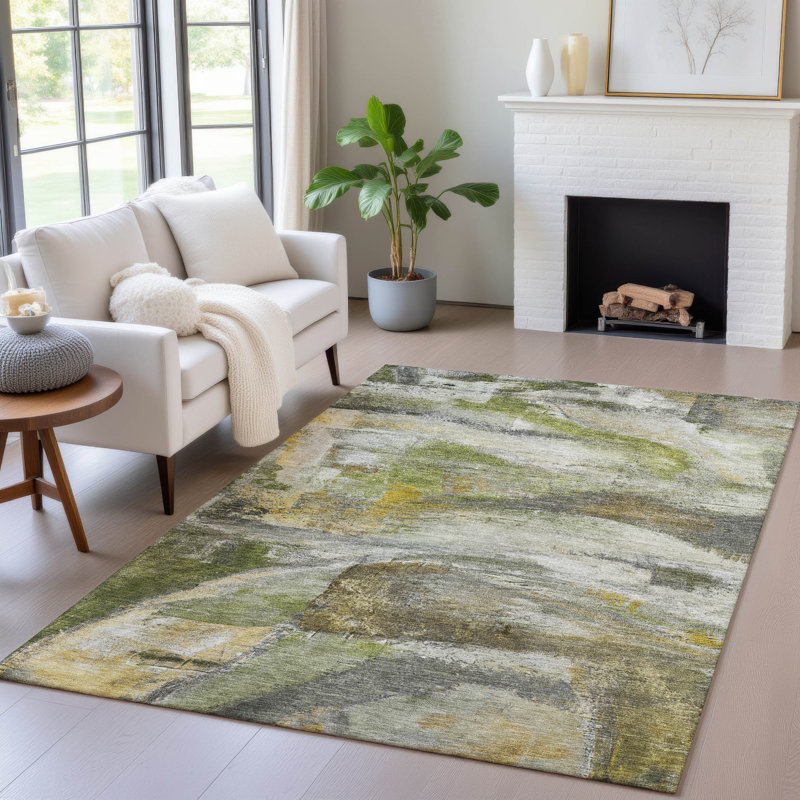 Machine Washable Indoor/Outdoor Xhevrie Olive Rug, Rectangle 9' x 12'
