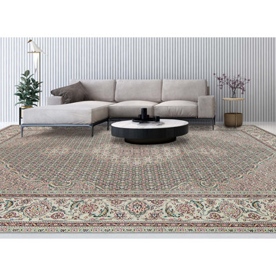 Tapis vert clair et crème noué à la main de haute qualité