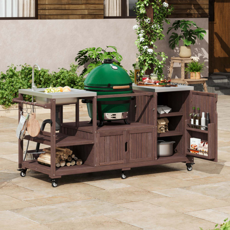 Outdoor Kitchen Island With Sink, Solid Wood Outdoor Grill Cart For XL Egg Grills, Rolling Outdoor Bar Cart With Stainless Steel Top, For Pizza Prep & BBQ