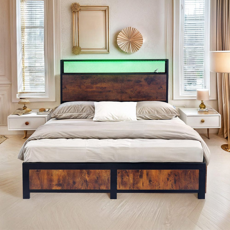 Industrial Metal Bed Frame With 4 Drawers And Led Light Head Board And Charging Ports, Double (4'6)