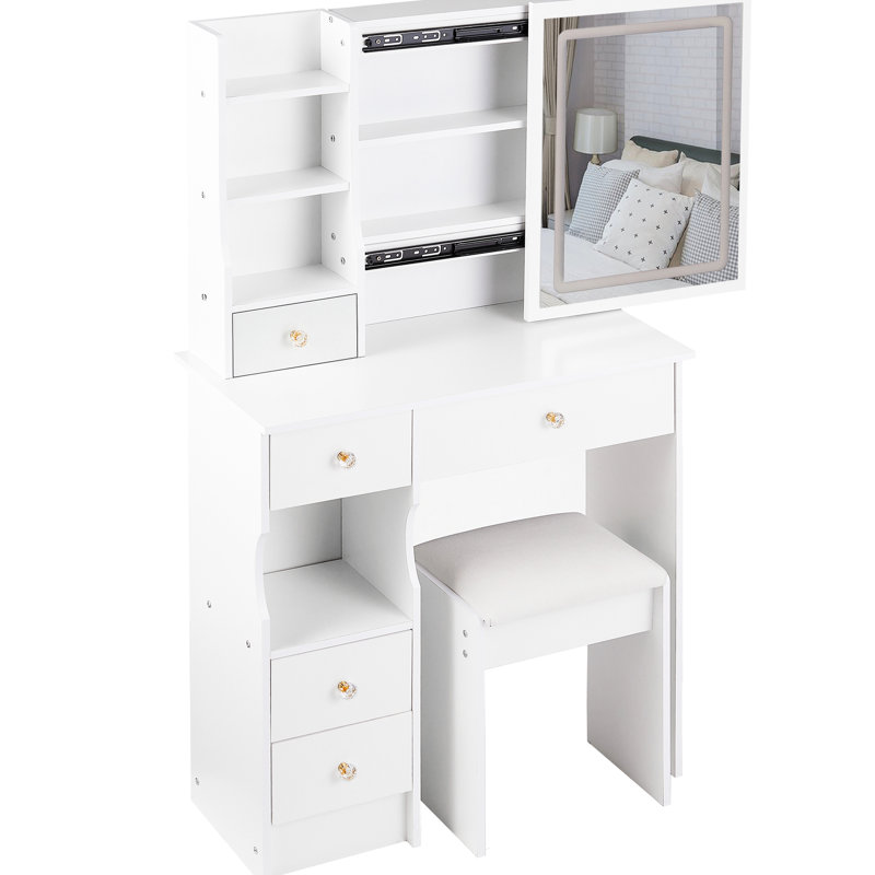 Meuble-lavabo de 29,2 po avec tiroir gauche et tabouret rembourré, commande tactile, changement de couleur tricolore, miroir à luminosité réglable, convient aux petits espaces avec de grandes glissades, parfait pour les petits