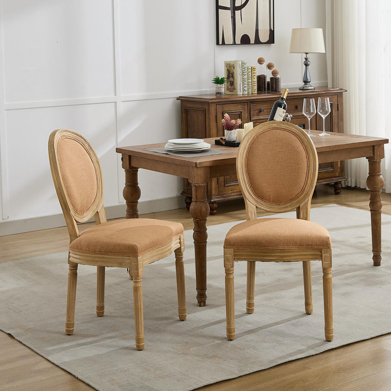 Élégantes chaises de salle à manger à structure française en bois massif avec dossier en tissu de lin, ensemble de deux pour une expérience culinaire confortable