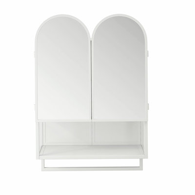 Armoire à miroir à double arche 23,62 po, armoire à pharmacie 2 portes, armoire murale en métal avec tablettes réglables et porte-serviettes, armoire à miroir avec rangement pour salle de bain, salon et chambre à coucher, blanc