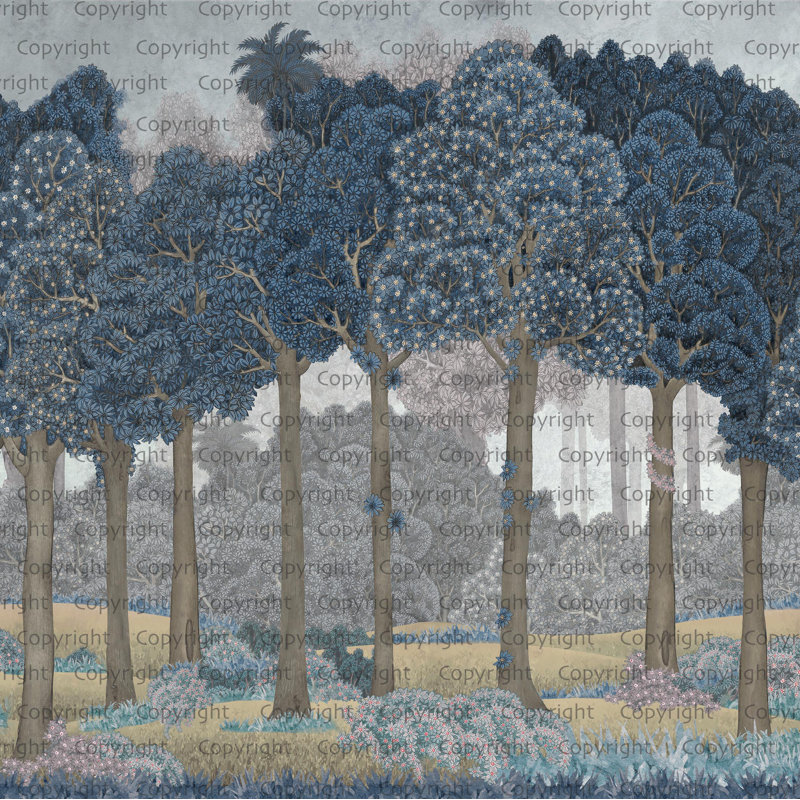 Papier peint Serene Greenery And Blooming Trees, Bleu, L 66 po x l 122 po