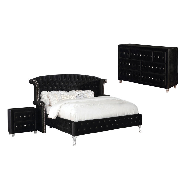 Ensemble de chambre à coucher rembourrée 3 pièces avec commode Mikrut, Noir, Très grand californien