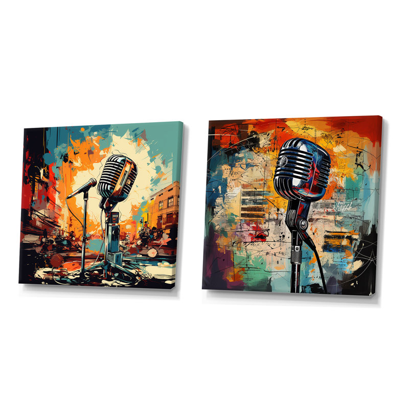 Popart Microphone Harmony I - Ensemble de 2 décorations murales musique, Toile tendue, H 16 po x l 33 po x P 1 po