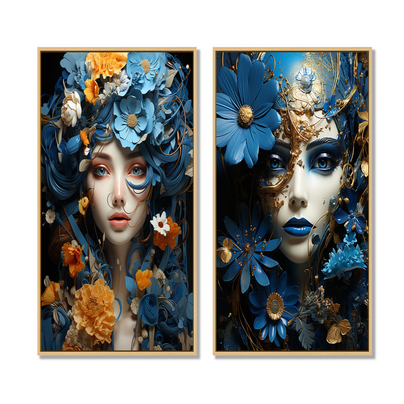 Popart électrique bleu, portrait de femme, art mural sur toile, ensemble de 2, Cadre flottant brun, H 32 po x l 33 po