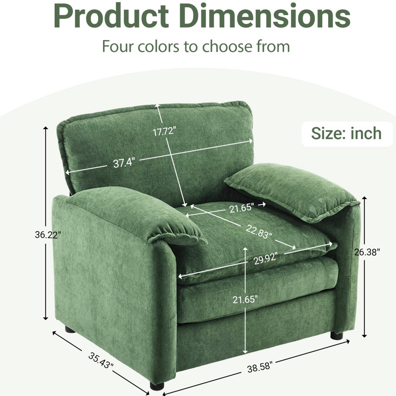 Fauteuil surdimensionné avec structure renforcée et dossier haut revêtu de chenille, H 35,35 po x l 38,73 po x P 35,43 po