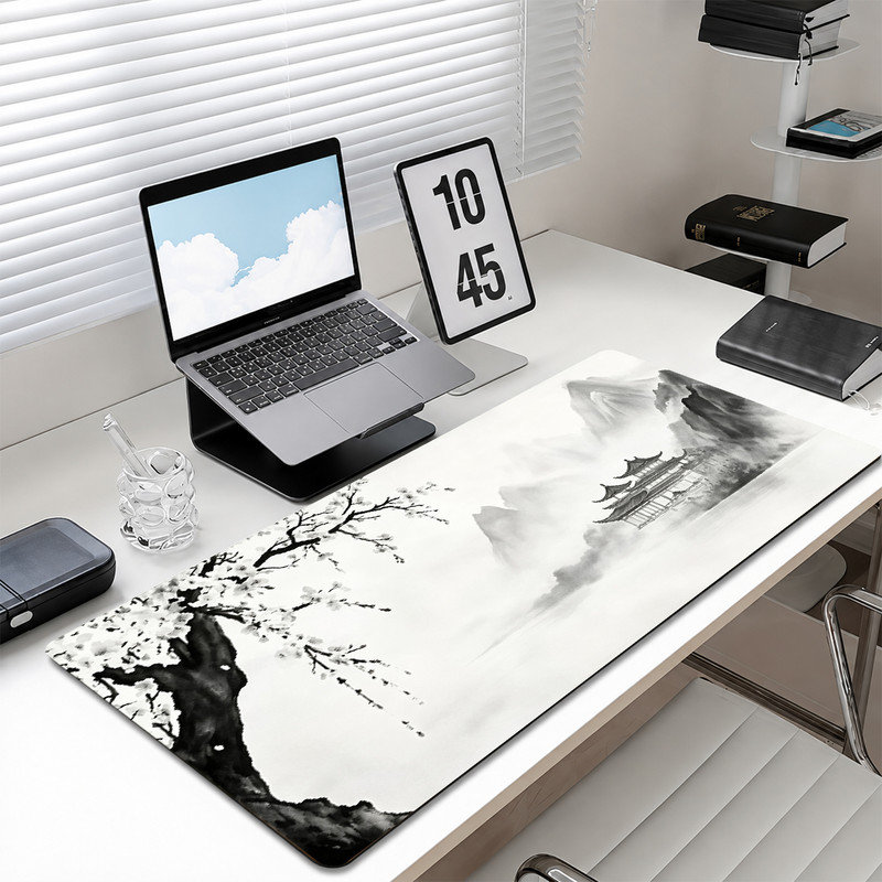  Tapis de souris en caoutchouc, surface en microfibre lisse, base antidérapante, tapis de souris décoratif à bord arrondi pour le bureau et les jeux, 12 po x 32 po, art à l'encre noire