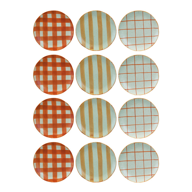 Assiette ronde en grès peint à la main avec 3 motifs variés