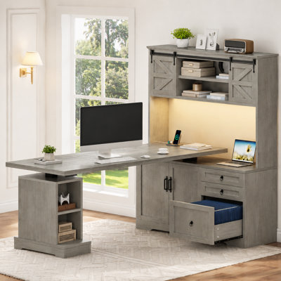 70.9" Farmhouse L Shaped Standing Desk With Drawers and Hutch, Adjustable Height Desk with Power Outlets and Led Light