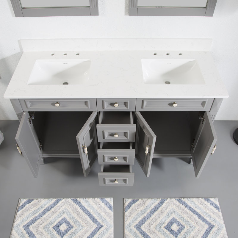Elmmanual  35'' H X 60" W Solid Wood Bath Vanity with Stain-resistant Carrera White Quartz Top and Double Sink, Titainum Gray