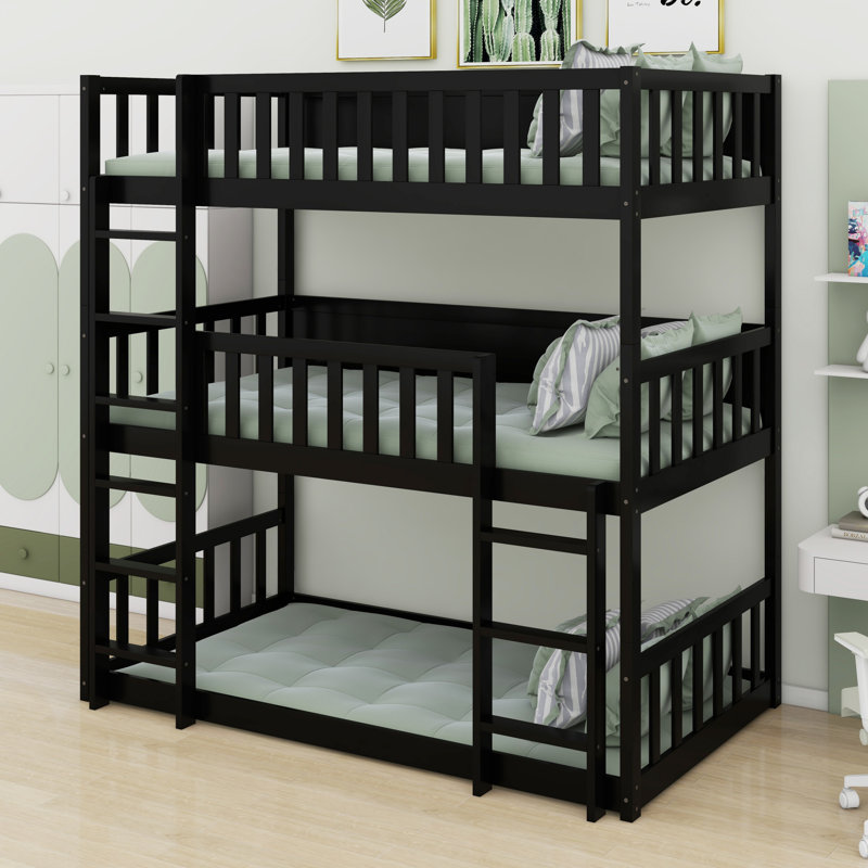 Triple Wood Bunk Bed, With Ladders, Guardrails, Black