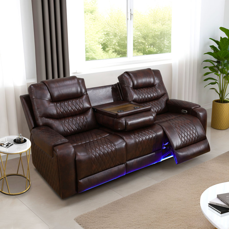 Roylene 85.5'' Power Faux Leather Reclining Sofa with LED and Built-in USB Ports